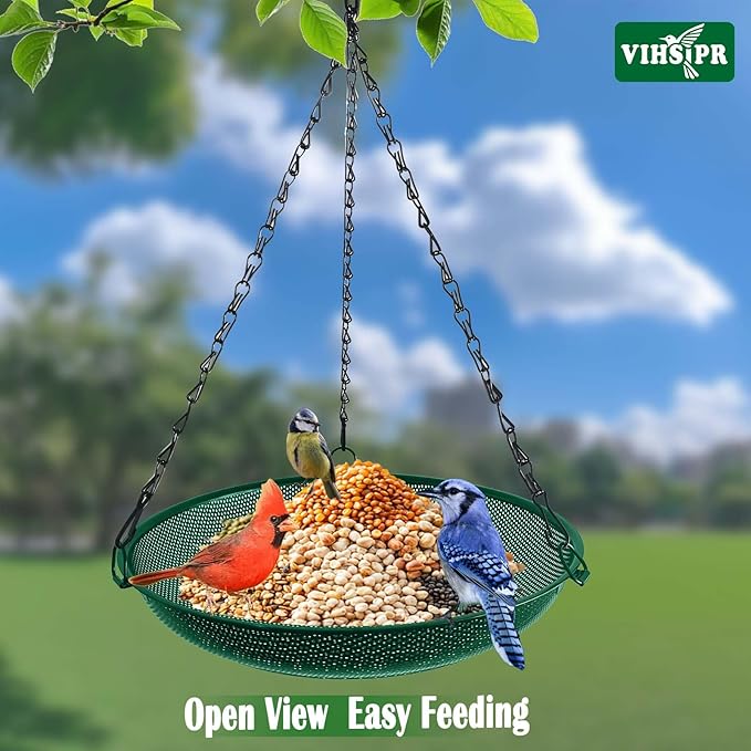 Hanging Platform Bird Feeder, 12 in, Green | Metal Mesh Seed Tray, For Wild Birds, Outdoor Use