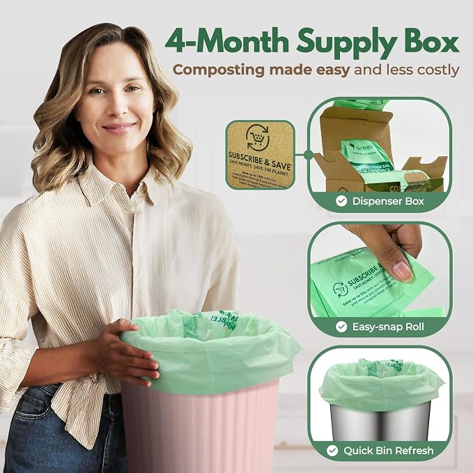 AIRNEX Compostable Kitchen Trash Bags 8 Gal - Cornstrarch Leakproof & Tear Resistant 100 Compost Bags - OK Compost Home & Seedling Certified 0.22 mm Kitchen Garbage Bags