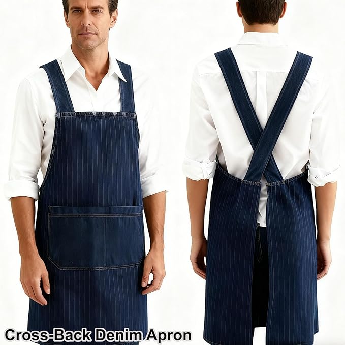 Adult Jour Apron, Lightweight Cotton Apron with Front Pocket, Denim Cross Back Aprons, Durable & Stain-Resistant