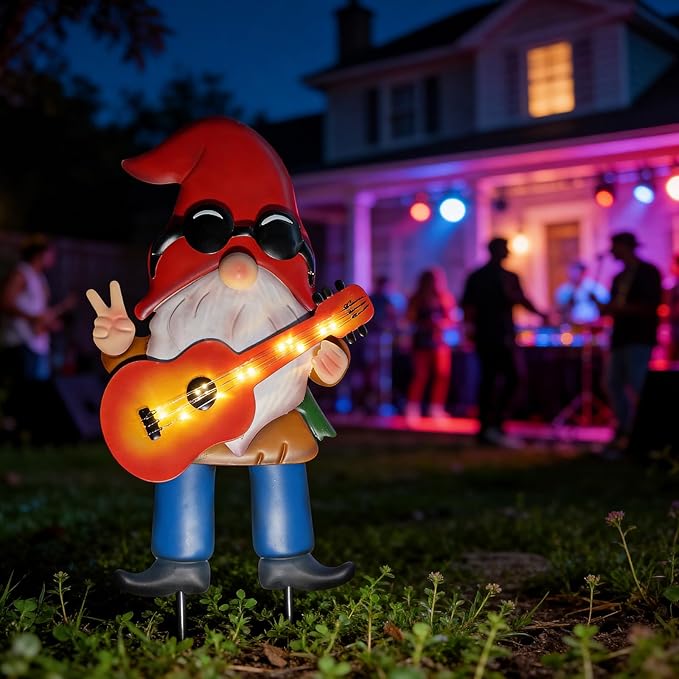 HONGLAND 28" Solar Garden Gnome Decor with Light Up Guitar - Outdoor Decorative Stake for Patio, Yard & Lawn | Unique Rock Music Gnome Decor