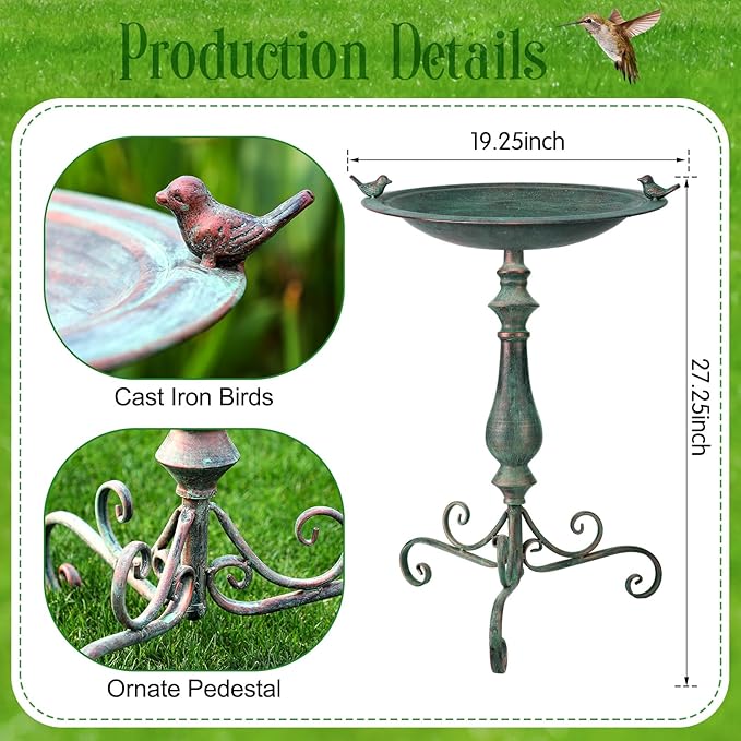 Newtay 27.25 Ornate Metal Pedestal Style Birdbath with Cast Iron Vintage Birds Baths for Outdoors on Rim Full Base Standing Bird Bath Tray for Garden Yard Decoration, Green, Not Easy to Rust