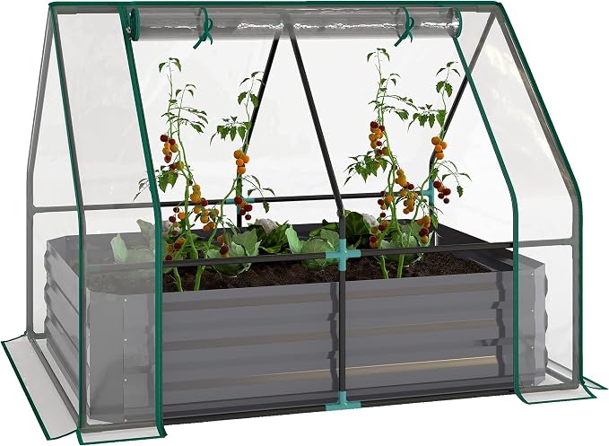 Outsunny 4 x 3ft Metal Planter Box with Mini Greenhouse, Galvanized Raised Garden Bed with Cover for Herbs and Vegetables, Small Greenhouse for Patio Garden Balcony, Clear and Dark Gray