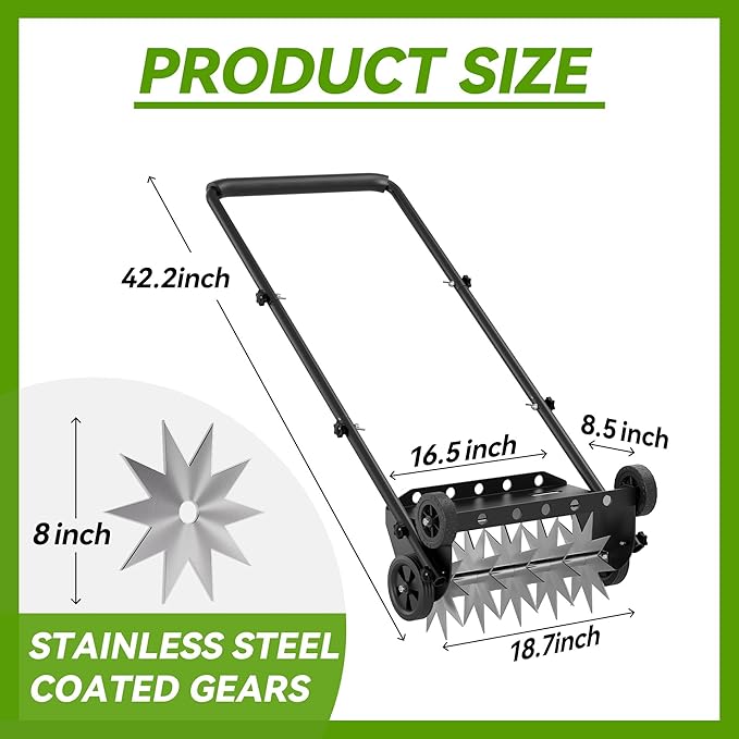 Lineware 18-Inch Lawn Aerator,Heavy Duty Push Spike Aerator with 4 Wheels,Aerator Lawn Tool with Steel Handle, Manual Aerator Lawn Tool with Foam Armrests, Suitable for Lawn, Garden and Yard | 18-Inch Lawn Aerator, Spike Aerator with 4 Wheels, Aerator ...