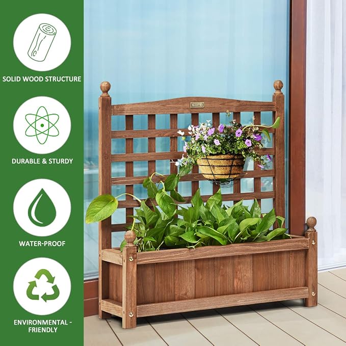 Giantex Wood Planter Free Standing Plant Raised Bed with Trellis for Garden or Yard (25’"Lx11 Wx30 H)