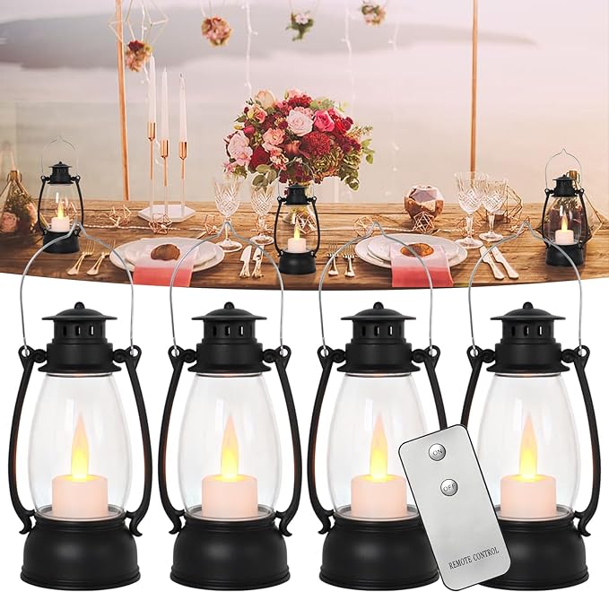 Vintage Lantern Decor, 4-Pack Candle Lantern with Remote, Small Lantern Indoor Outdoor Hanging Lanterns for Wedding Centerpiece,Halloween,Christmas,Camping Decorations, Western Party Decor