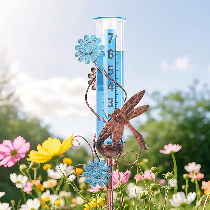 WONDER GARDEN Rain Gauge Outdoor, Decorative Rain Gauges Outdoors Best Rated with Dragonfly and Flower, Freeze Proof Water Rain Measure Gauge for Yard Patio Lawn Garden Decor