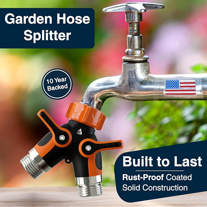 DBR Tech® Hose Splitter 2 Way, Heavy Duty Metal Connector, Two Way Garden Hose Splitter, High Flow Spigot Faucet Bib Adapter, Solid Double Y Shut Off Valve for Outdoor Gardening Hoses, Orange