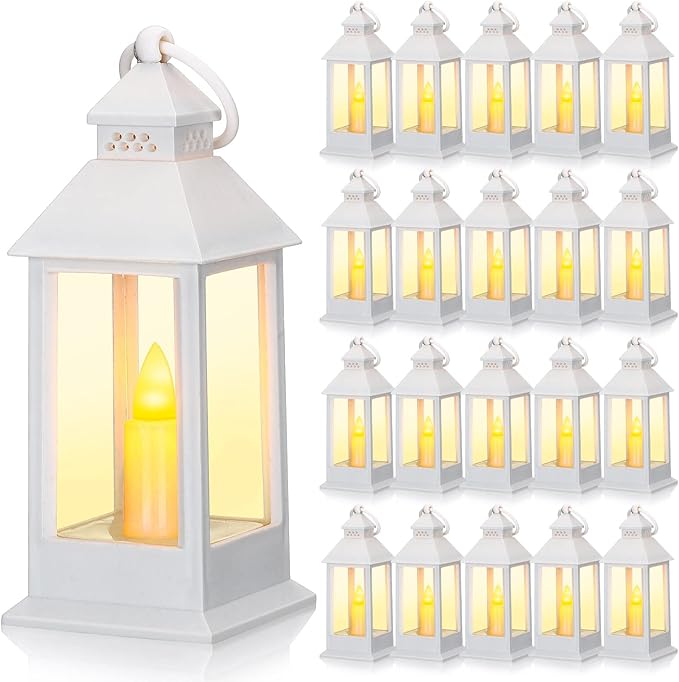 Hoolerry 24 Set 5.5'' Mini Lanterns with LED Candle for Wedding Centerpiece Vintage Decorative Hanging Small Lantern Battery Powered for Halloween Wedding Table Centerpiece(White)