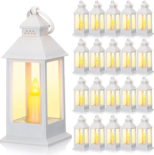 Hoolerry 24 Set 5.5'' Mini Lanterns with LED Candle for Wedding Centerpiece Vintage Decorative Hanging Small Lantern Battery Powered for Halloween Wedding Table Centerpiece(White)