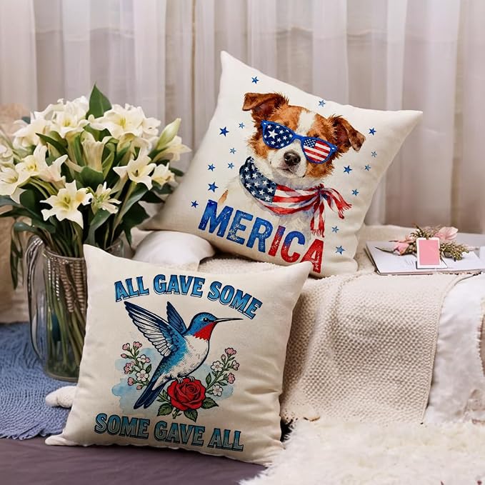 4th of July Patriotic Throw Pillow Covers 18x18 Inch 4Pack, American Flag With Hummingbird, Truck, Cowboy Boots & Dog Pillow Cases, Independence Day Farmhouse Cushion Covers for Sofa Patio (Red/Blue)