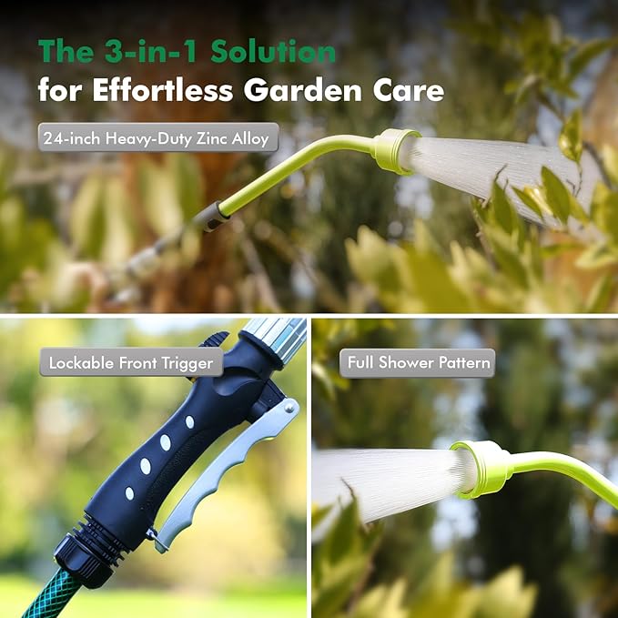 RESTMO Heavy Duty Full Metal 24 Inches Watering Wand, Gentle Soft Full Shower Sprayer Wand with Lockable Front Trigger, Hose Wand for Hanging Baskets, Shrubs, Plants, Flowers, Garden and Lawn, Green