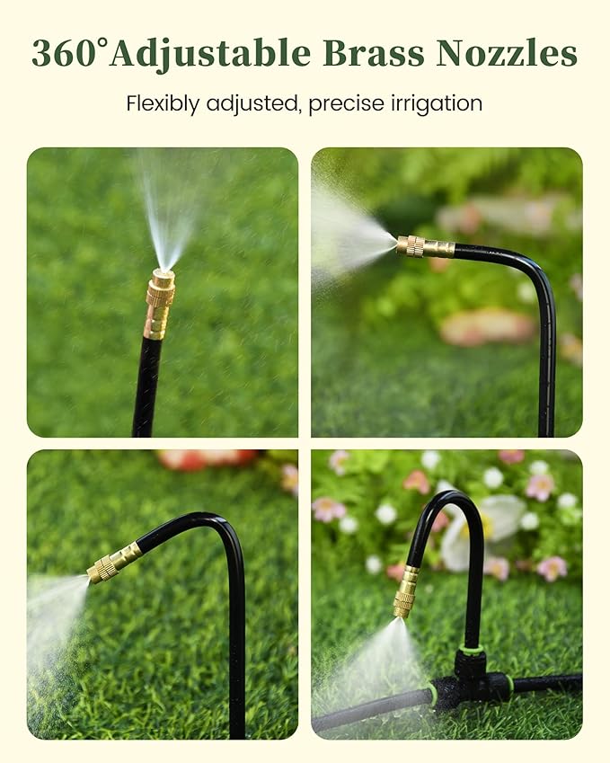RAINPOINT Drip Irrigation System, Garden Watering Kit with 360°Adjustable Copper Nozzles, Automatic Atomizing Watering Sprinkler System for Greenhouse, Lawn, Raised Beds, Outdoor Plants (Green, 100FT)