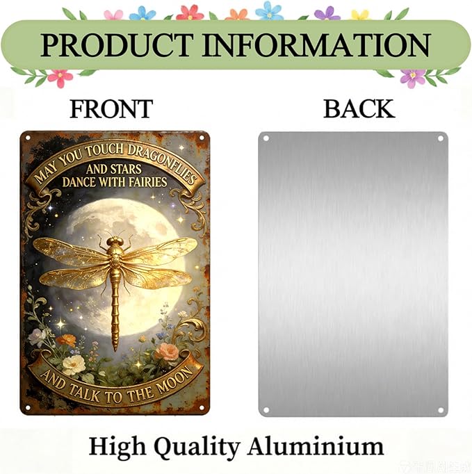 2D Flat Funny Garden Signs, Touch Dragonflies And Dance With Fairies Vintage Garden Decor, Outdoor Wall Decor for Patio Yard Greenhouse, Waterproof Dragonfly Gift for Home 8x12 Inch