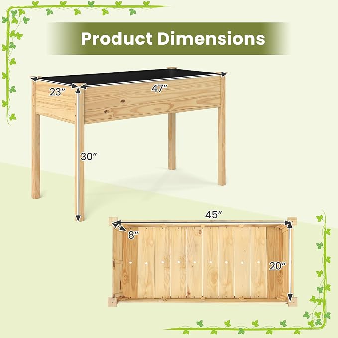 Giantex Raised Garden Beds Set of 2, Elevated Wood Planter Box with Liner, 47"x23"x30" Freestanding Raised Bed for Indoor Outdoor Plants, Vegetables Flower Herbs Fruit Gardening