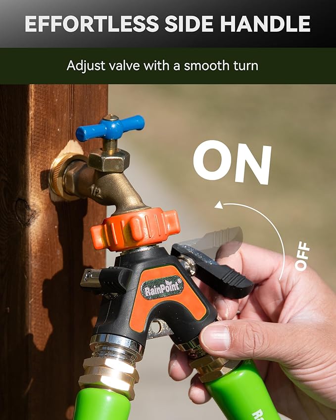 RAINPOINT Garden Hose Splitter 2 Way, All Metal Heavy Duty Water Hose Y Splitter With 2.05" Extra Long Side Handle & Shut Off Valves, 3/4 Inch GHT Thread Connector For Outdoor Spigot Faucet (Orange,2)