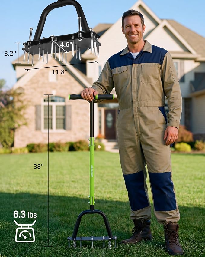 WORKPRO 38” Lawn Aerator Tool with 17 Spikes, Manual Lawn Aerators with Dual-Layer Design, Ergonomic T-Handle, Heavy Duty Manual Grass Aerator for Lawn Aeration, Soil Loosening, and Yard Care