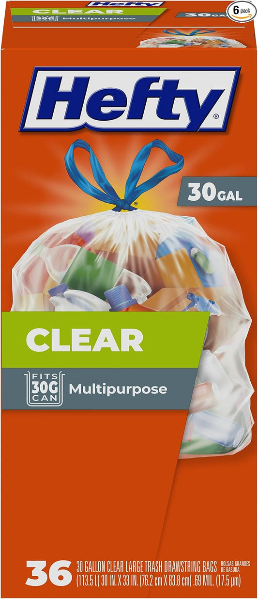 Hefty Clear Trash Bags, Clear, 30 Gallon, 36 Count (Pack of 6)
