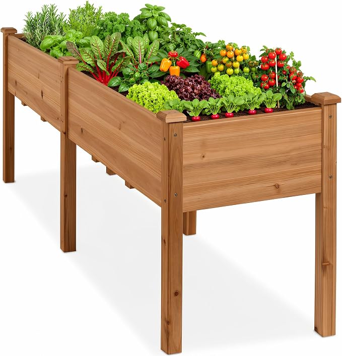 DUMOS Raised Garden Bed with Legs, 72x23x30 Inch Planter Box Outdoor with Liner for Herbs Flowers Vegetables, Elevated Wooden Garden Bed for Patio, Balcony and Backyard, Brown