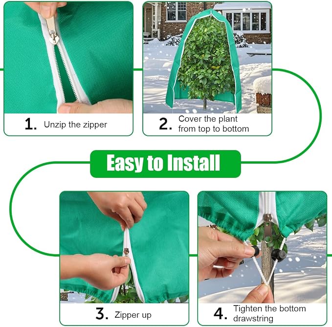 RooTrimmer Plant Covers Freeze Protection 2-Pack, 47.3" x 70.9" Frost Covers with Zipper Drawstring, Outdoor Winter Frost Cold Weather Shrubs Trees Jacket Covers Green