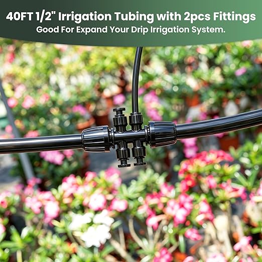 40FT 1/2 Inch Drip Irrigation Tubing Extension Hose, Main Line Watering Tube for Expanding Garden Irrigation Systems with 2pcs 6-Way Quick Connector