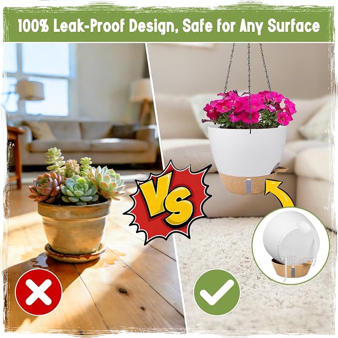 Self-Watering Hanging Planters with Water Level Window, 8/10 Inch Indoor Outdoor Hanging Plant Pots Includes Chain Hangers with Drainage Holes & Detachable Reservoir (White, 8+10 inch)