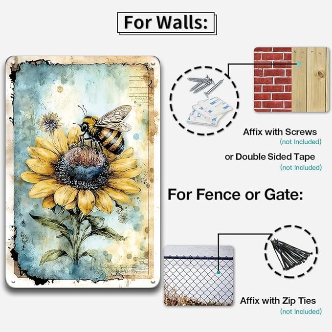 YOYI ART Metal Garden Signs for Outside - Vintage Bee Sunflower Sign, Outdoor Signs for Patio, Backyard, Farmhouse, Garden, Porch, Home and Yard Wall Decor Art, Gifts for Women, 8 x 12 inch