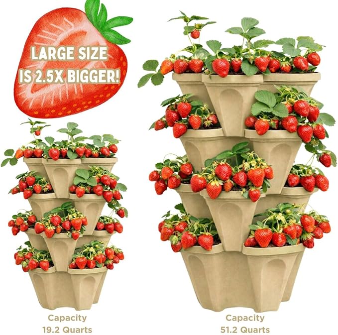 Stackable Vertical Planter Tower, 4 Tier Strawberry Planter,16 Plant Sites, Space Saving Garden Planter for Vegetables & Herbs, Indoor Outdoor, Made in USA (Desert Sand)