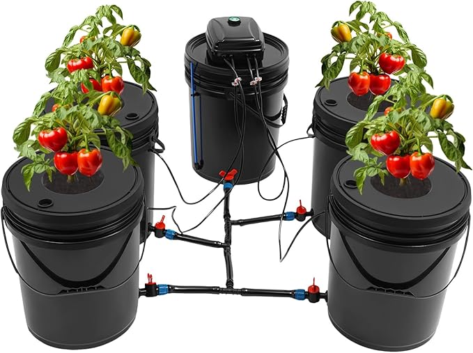 DWC Hydroponics Grow System 5.28 Gallon Deep Water Culture Kit with 12W 110V Air Pump, Five 12inch Buckets & Air Stones for Indoor Gardening Vegetables Herbs (5 Buckets+5.28Gal)