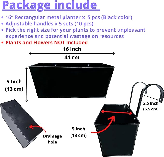 LaLaGreen Rail Planter (16 Inch, 5 Pack) Metal Planters Hanging Flower Pots Rectangular Buckets Herbs Modern Wall Mount Iron Balcony Box Plant Holder Deck Railing Fence Porch Home Outdoor Plants Decor