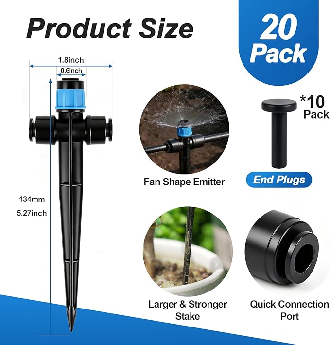 20 Pack Quick Connect 1/4 Inch Drip Irrigation Emitters, 1/4'' Drip in-line Pass Through Vortex Emitters Adjustable 360 Degree Dripline Stake Emitter with 10 Plugs for DIY Sprinkler Systems