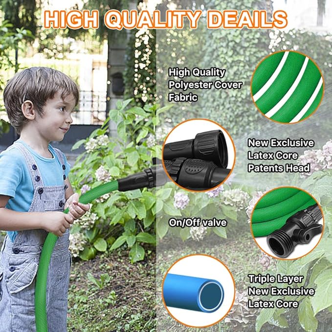 Garden Hose 75ft, Pliable lightweight Water Hose with Triple Layer 3/4" Fittings Ergonomic Grip Indoor & Outdoor Use Gift for Lawn Backyard Collapsible & Car Wash Watering Plants Green