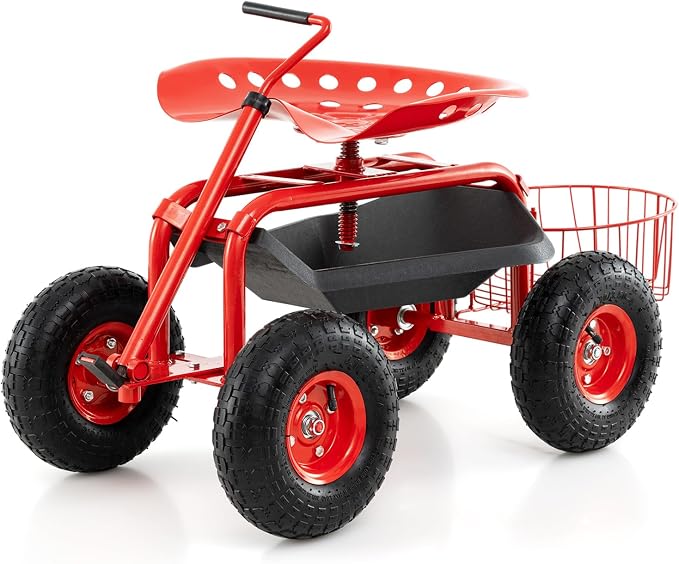 IRONMAX Garden Cart with Seat, Gardening Rolling Stool Scooter with 10’’ All-Terrain Wheels, Adjustable Steering Handle & Tool Tray and Basket for Outdoor Planting (Red)