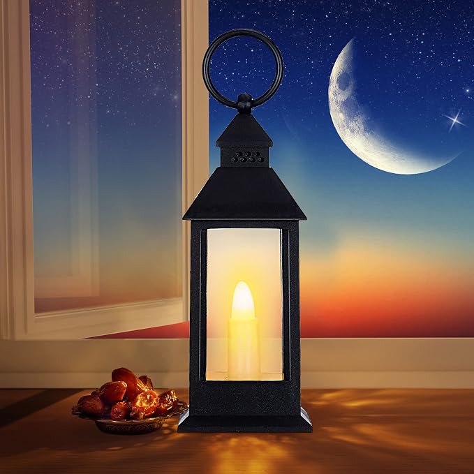 Hoolerry 24 Set 5.5'' Mini Lanterns with LED Candle for Wedding Centerpiece Vintage Decorative Hanging Small Lantern Battery Powered for Halloween Wedding Table Centerpiece(Black)