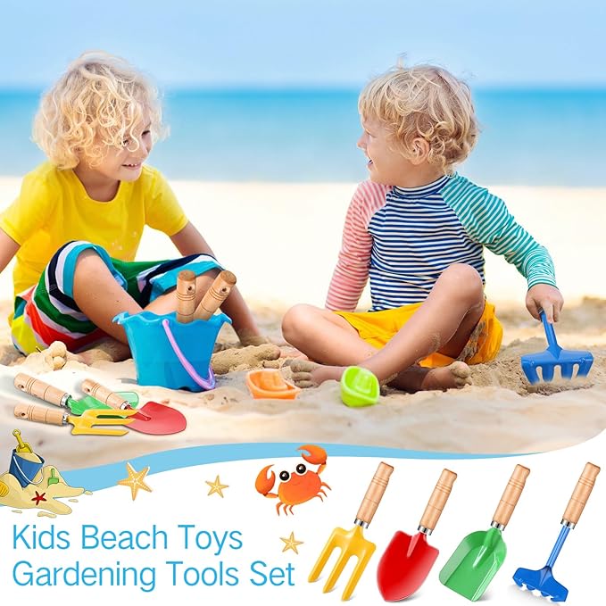 100 Pcs 8" Kids Gardening Tools, Metal Beach Sandbox Digging Toys with Wooden Handle, Including Shovel, Rake, Fork and Trowel, Garden Sand Snow Tools for Children Gift Outdoor Gardening