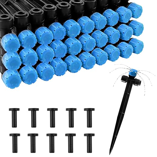 30pcs Drip Irrigation Emitters, Kalolary Adjustable 360 Degree Water Flow Emitters for 1/4" Tubing, Two-Way Connection Irrigation Drippers for Garden, Lawn, and Greenhouse Watering Systems(Blue)