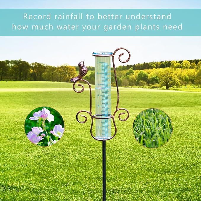 Rain Gauge Outdoor with 7'' Capacity Glass Tube, Metal Rain Gauges for Measuring Precipitation, Garden and Yard Decor