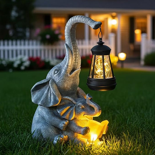 Candieslife Solar Elephant Garden Statue with Lantern, Outdoor Resin Elephant Figurine Lights for Yard Patio Porch Lawn, Weather-Resistant Garden Decor Sculpture, Gifts for Mom Women Grandma