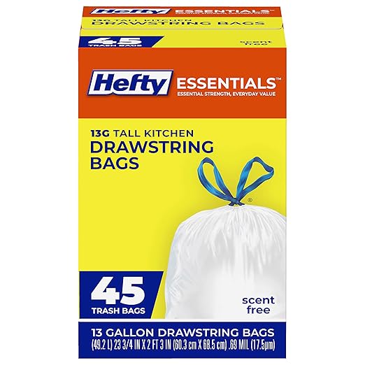 Hefty Essentials Drawstring 13 Gallon Kitchen Trash Bags, Tall Unscented Trash Bags for Kitchens, Home Offices, or Laundry Rooms, Easy to Tie, Lift, and Carry, White (Pack of 270)