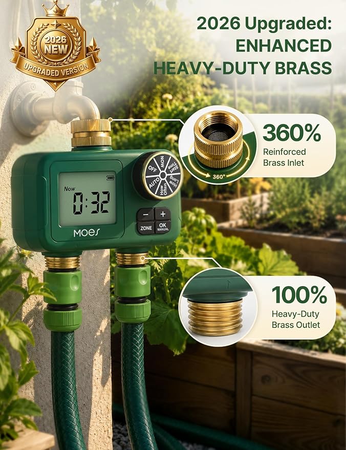 MOES 2-Zone Water Timer for Garden Lawn Hose — 3/4" Brass Inlet & Outlets, Independent Dual-Outlet Sprinkler Timer, Programmable Irrigation Controller with Rain Delay & Manual Mode, Battery Powered