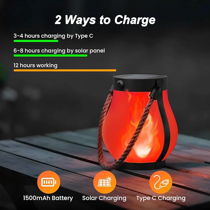 Hompavo Gen2 Solar Lanterns Outdoor with Ultra-Real Flame, Dual Charging (USB/Solar) & 2 Modes - Waterproof Decorative Hanging/Table Lights for Patio Garden Halloween Christmas Decorations, 2/Red