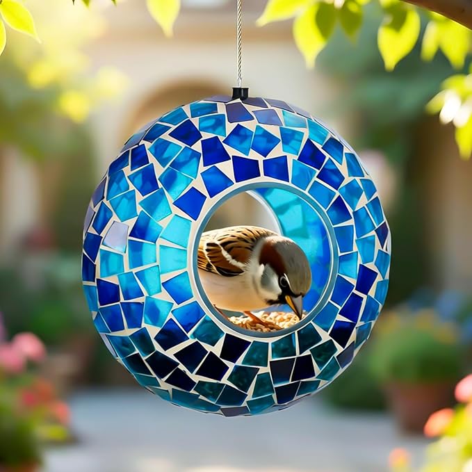 6 Inch Mosaic Glass Hanging Bird Feeder for Outdoors，Fly Through Bird Feeders for Wild Birds, Cute Seed Container with Round Shape for Backyard Window Garden Porch Decor, Ocean Blue Mosaic