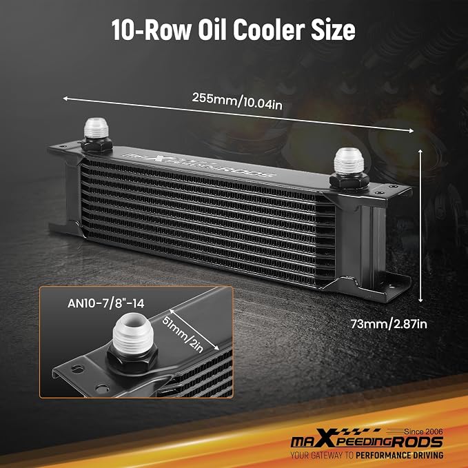 maXpeedingrods 10 Row Engine Oil Cooler Kit, 10AN Transmission Engine Cooler British Radiator Universal Aluminium Black, Thermostatic Oil Filter Sandwich Adapter, Air Guide Kit and Oil Cooler Hoses