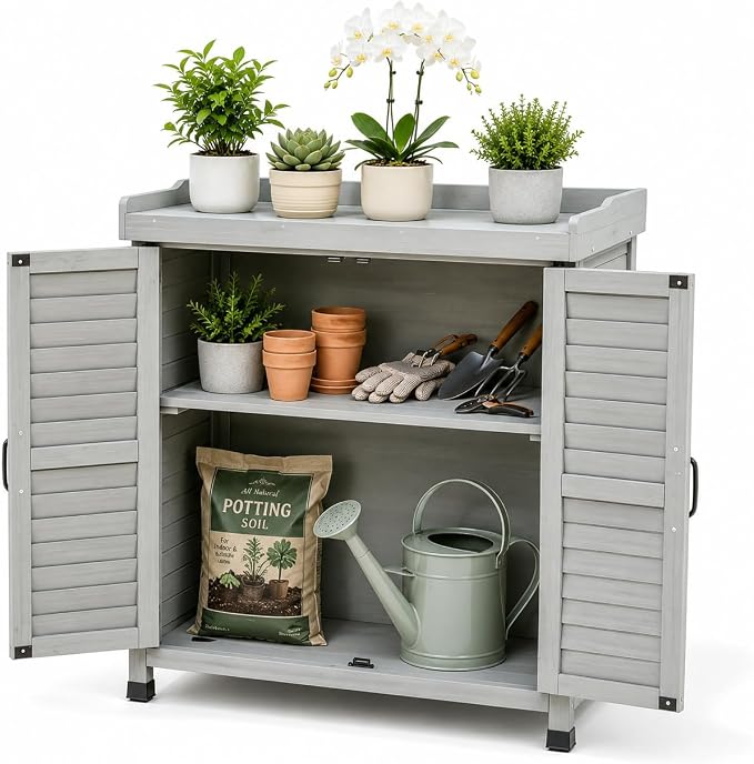 Outdoor Garden Storage Cabinet with Potting Bench, Wood Cabinet with Metal Top, Planting Workstation Table for Patio, Backyard and Garden Tools (Grey)