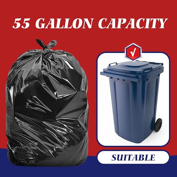 Teivio Black Large Trash Bags 55-60 Gallon 180 Count | Large Multipurpose | Fit 45,48,49,50,55,60 gallon Garbage Bin Liner | Kitchen | Lawn And Leaf Bags Outdoor Yard Waste Bag | Workshops Trash