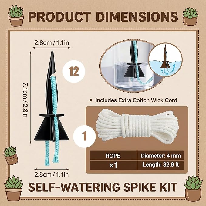 Self Watering Spikes, 12 Pack Plant Watering Spikes with 33ft Wicking Rope for Busy Lifestyle Plant Care, Automatic Plant Watering Spikes for Indoor Plants, Potted Plants, Garden Pots