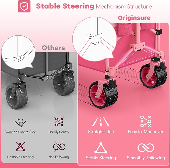 Originsure 48" L Collapsible Wagon Cart Foldable, 560lbs Weight Capacity 300L Heavy Duty Folding Beach Wagons with Big All-Terrain Wheels, Utility Carts for Groceries, Camping, Sports - Pink