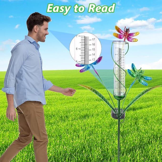 Stargarden Rain Gauge Outdoor, Dragonfly Solar Rain Gauge with 7" Plastic Tube, Decorative Rain Gauge for Yard Garden Patio Lawn