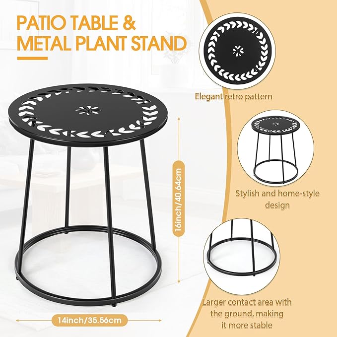 Vercraft Small Outdoor Side Table, 14" Patio Side Tables with Flower Cut Outs Weather Resistant Metal Outdoor End Table for Patio Outside Porch Balconies Garden(Black,Traditional)