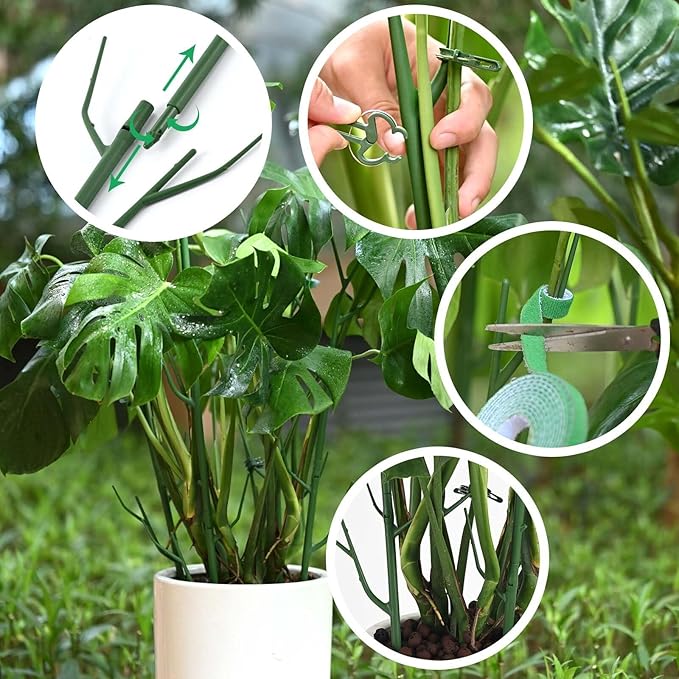 Yhtpouqe 4 Pack Plant Support Stakes, Plant Stakes for Indoor and Outdoor Plants. 28inch Plant Sticks with Extension Poles, Plant Clips, Plant Ties for Potted Monstera Plants, Climbing Plants