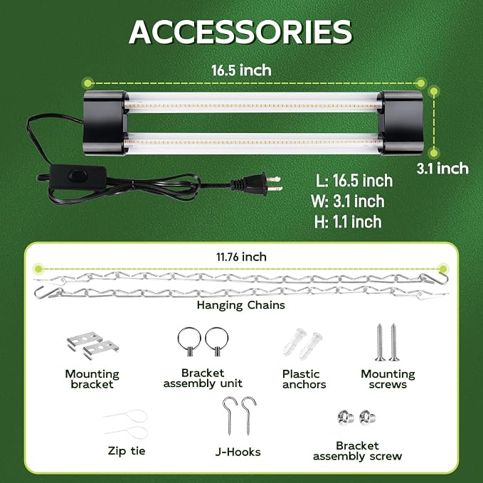 Hlite 16inch 4 Pack LED Grow Lights - Linkable Grow Lights for Indoor Plants, Full Spectrum Plant Lights Plug and Hanging with On/Off Switch Hanging Grow Light from Seedling to Flowering, Yellow